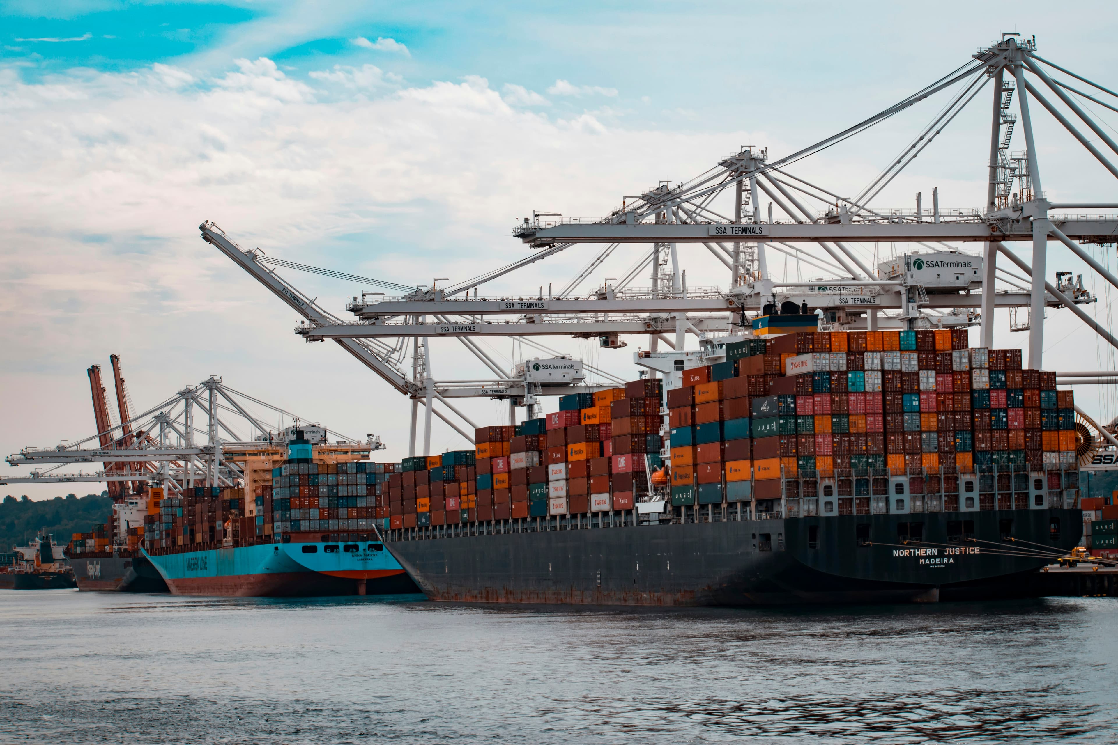 Container vessels and cranes at a busy trade port